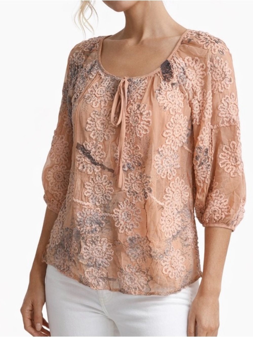Cubism Sheer Embroidered Tunic Top Abstract Floral Pink Peach Blue Grey S/M